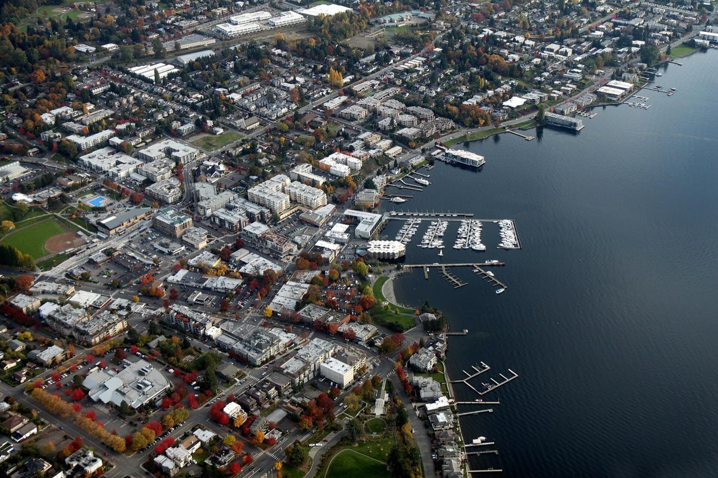 Aerial view of Kirkland, Washington condominiums and homes along the Lake Washington shoreline